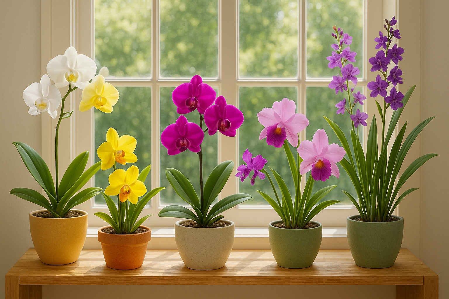 A vibrant display of various Orchidaceae plants on a wooden shelf near a sunlit window, showing Phalaenopsis, Cattleya, and Dendrobium orchids in full bloom.